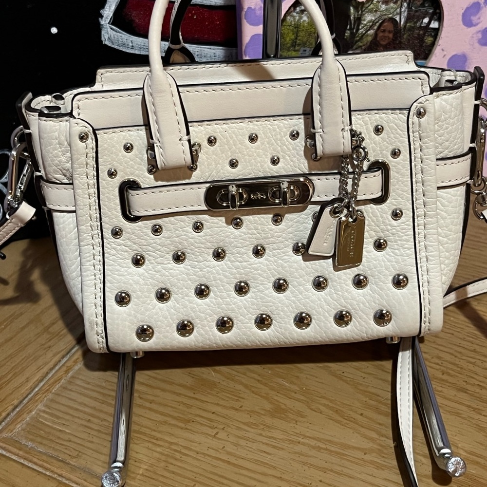 Coach Swagger 15 Rivet Mini Crossbody Leather Chalk White